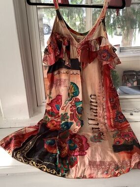 Colorful Floral Ruffle Slip Dress with Script Panel Galliano authentic vintage